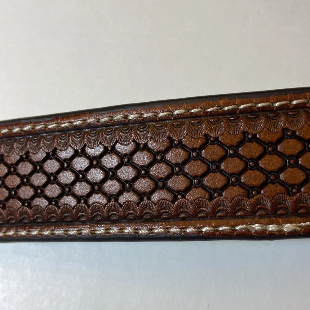 Ariat Brown Leather Boys Western Belt Tapestry Strap Inlay Silvertone Medallion